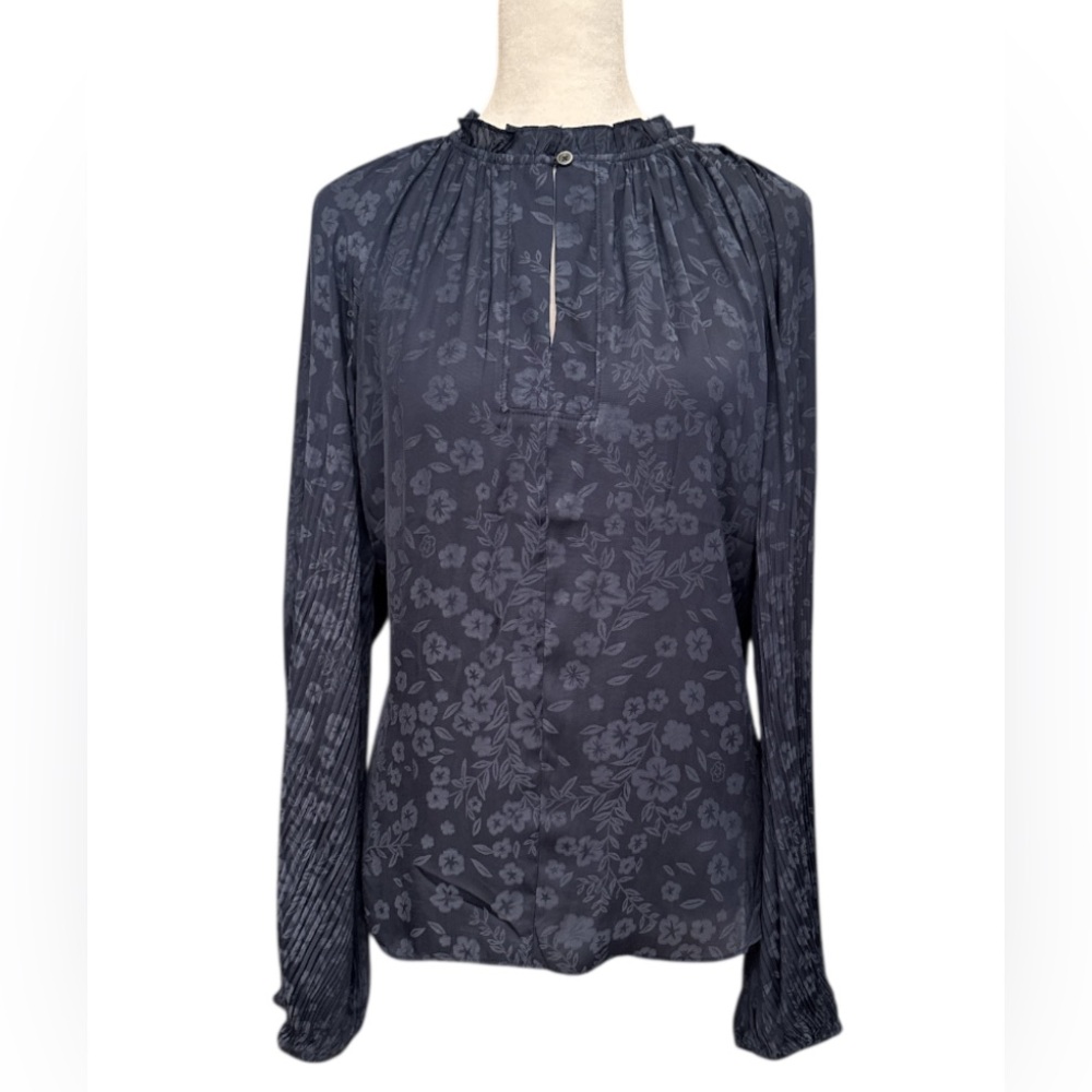 NWT Current Air Floral Jacquard Split Button Neck Long Sleeve In Midnight Size M - Picture 4 of 12